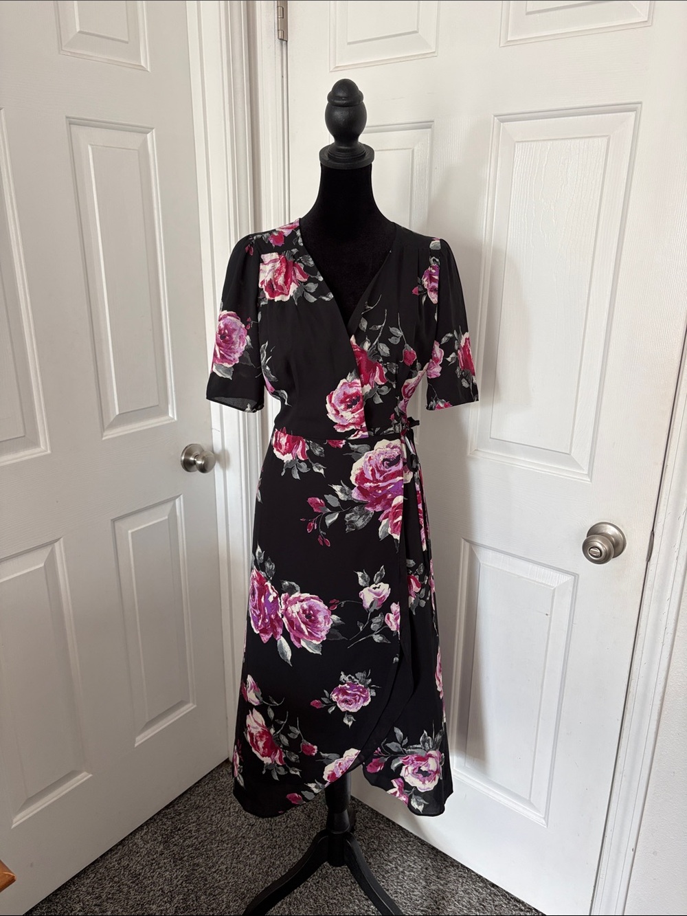 Everly Black Midi Wrap Dress with Pink Floral Print